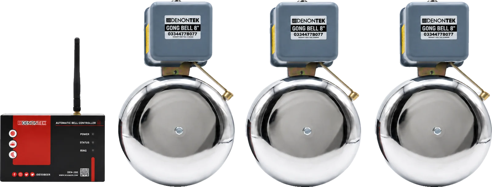 DENONTEK Wi-Fi bell controller with three 8 inch gong bells